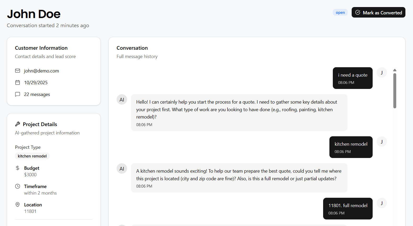 QuoteJunction chatbot collecting detailed project specifications including budget, timeline, and materials for a kitchen remodeling project